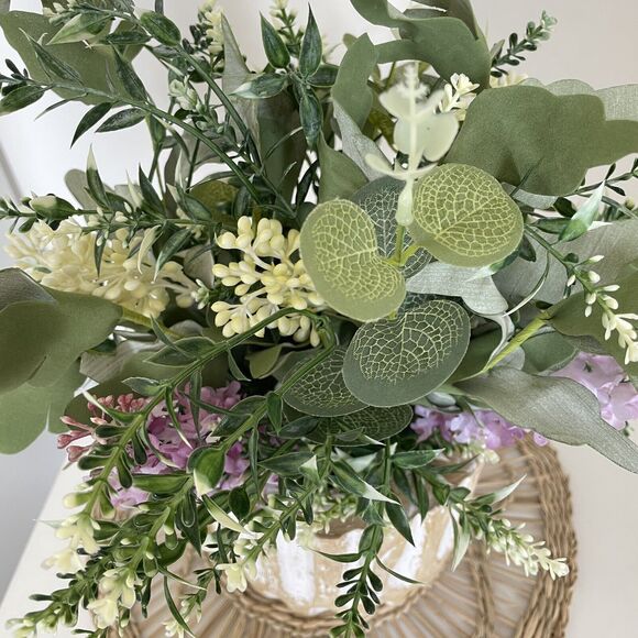 Handmade Faux Floral Lilac Arrangement in Wood Pot Home Decor Artificial Plant - Picture 6 of 6